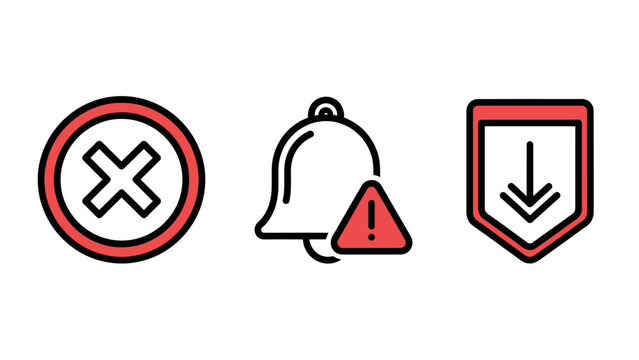 Warning notification error icons set with cancel alert download symbols user experience line art white background important message system alert notification forbidden download security