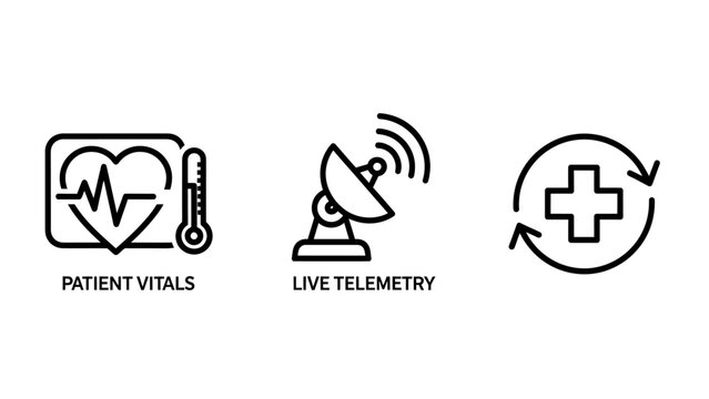Medical monitoring and telemetry flat line icons set with healthcare tech emergency care vital signs heart rate medical data telemetry thermometer emergency healthcare technology hospital