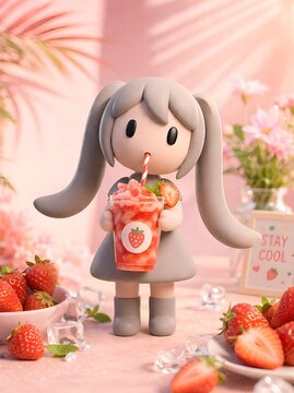 Cute pastel 3D character drinking strawberry smoothie in cozy pink scene