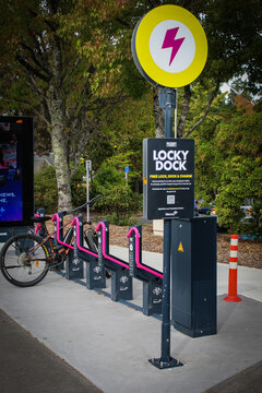 Taupo, New Zealand - March 10, 2026: A Locky Dock station, a public infrastructure installation for bicycles. For Editorial Use Only.