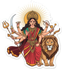 Obraz premium Illustration of Goddess Durga with many arms standing beside a majestic lion
