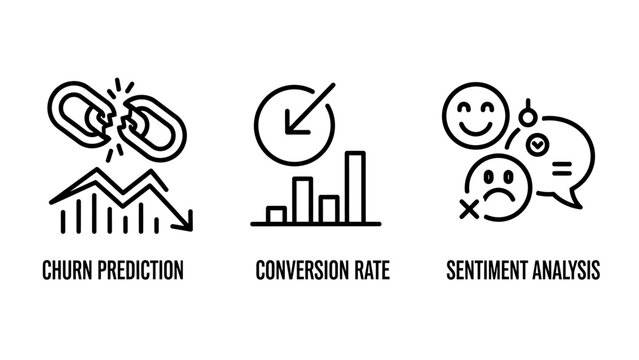 Marketing analytics icons set representing customer churn prediction with broken chain conversion rate bar chart and sentiment analysis with smiley and sad faces marketing analytics business
