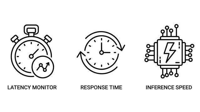 Technical latency monitoring and inference speed icons with response inference performance computing technology processing optimization software measurement analysis technical processor