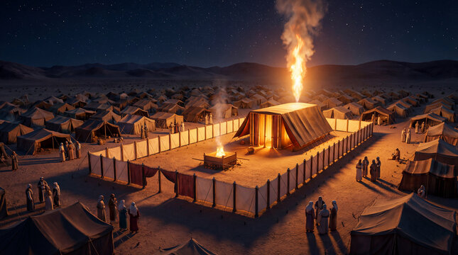 Vast Israelite encampment surrounds the glowing Tabernacle under a starry desert night, with the divine pillar of fire