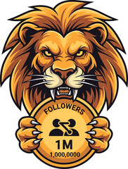 Obraz premium Aggressive lion mascot holding a gold social media followers coin illustration