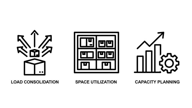 Load consolidation space utilization and capacity planning logistics icons with logistics warehouse transport shipping distribution planning capacity management optimization business