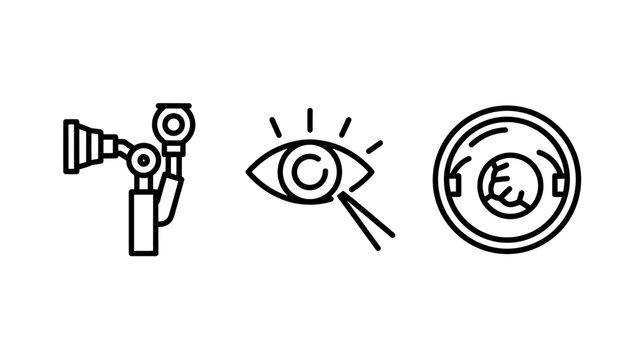 Medical diagnostic eye examination set of vector line icons with eye care eye exam health care optical test optometry icons clinic tools vision check ophthalmology diagnostic optometry