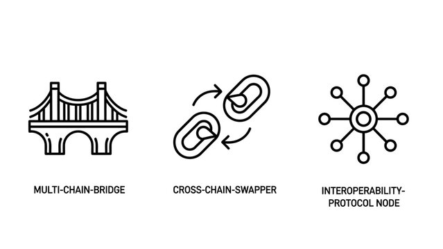 Blockchain technology and multi-chain bridge interoperability icons with blockchain interoperability protocol decentralized technology transfer connection currency information communication