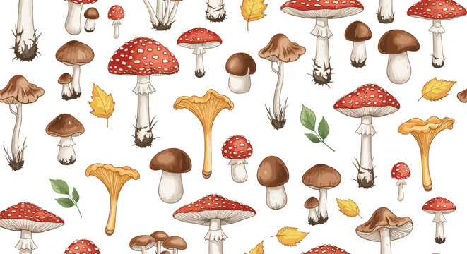 Seamless Mushroom Pattern with Forest Fungi, Toadstools, Leaves and Autumn Elements for Nature Backgrounds, Textile Prints, Wrapping Paper, and Decorative Designs