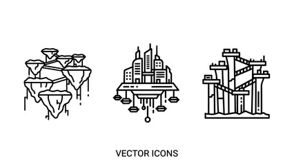 Naklejka premium Futuristic city architecture and floating structures set in line art style with architecture building floating futuristic structure construction metropolis infrastructure development abstract