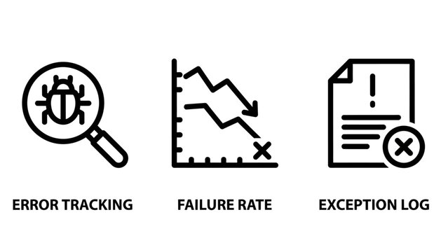 It systems monitoring icons for error tracking failure rate and exception logging with tracking exception monitoring debugging software performance analysis diagnostic assurance maintenance