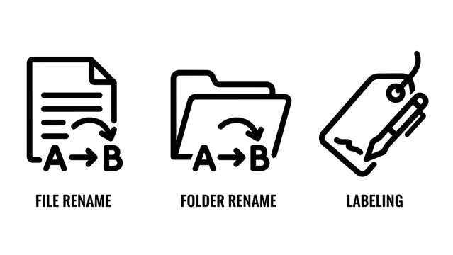 Set of file management icons for renaming documents folders and labeling with labeling document management organization conversion interface software information workflow productivity