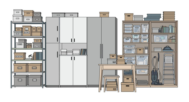 Comprehensive and efficient storage and utility room, featuring tall modular cabinets, extensive metal shelving units, a work table, and numerous organized boxes and cleaning items.