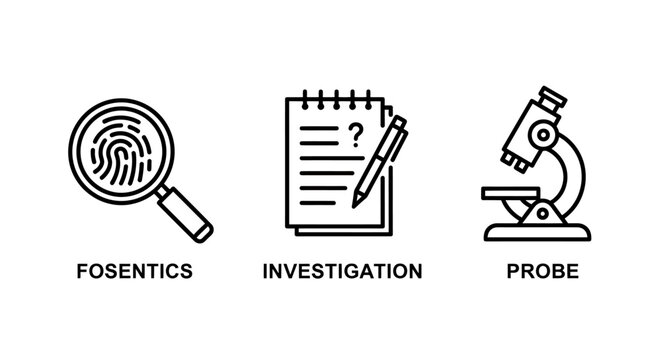 Forensic investigation tools and microscope research icons set with forensics investigation microscope research fingerprint magnifying notebook laboratory discovery analysis evidence