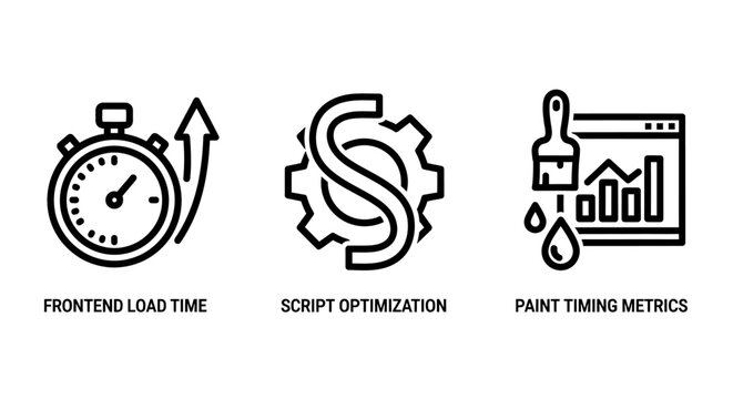 Website performance and script optimization diagnostic icons with performance optimization frontend development analysis rendering efficiency software programming technical internet