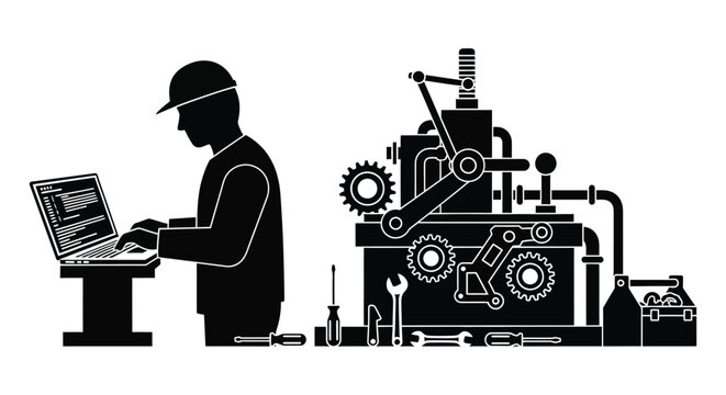 engineer working with laptop and machinery silhouette high quality professional detailed modern elegant stylish clean crisp vibrant colorful digital creative innovative