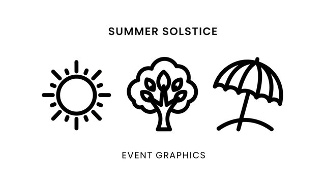Summer solstice event icons set sun tree and beach umbrella with solstice umbrella graphics seasonal vacation minimalist collection pictogram template illustration background isolated