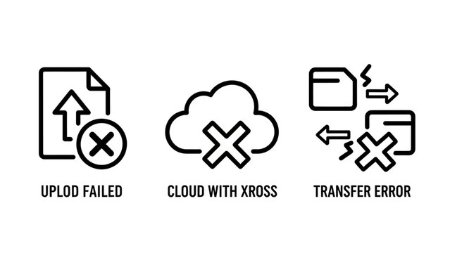 Network upload and data transfer failure icon set with transfer connection interruption technology computing internet collection minimalist business information communication