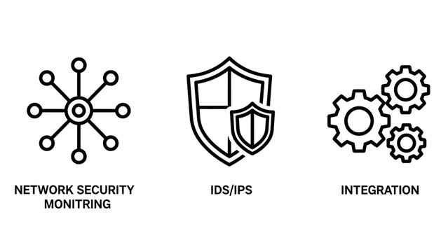 Cybersecurity and network infrastructure technology line icons with security monitoring integration technology protection internet connection firewall software infrastructure business
