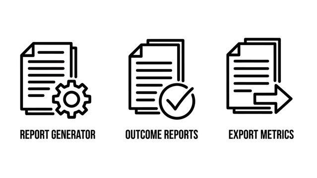 Report generation and data export metrics icons with generation document business analysis checkmark administration information management processing statistics performance financial