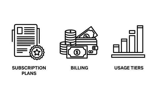 Set of financial business icons illustrating subscription plans with star rating currency billing with stacks of coins and wallet growth usage tiers chart subscription financial business