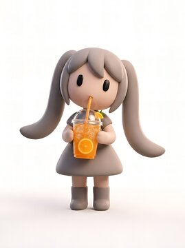 Cute pastel 3D character drinking fresh orange juice with straw