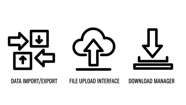 Data import export file upload interface and download manager line icons set with download interface transfer technology computing minimalist illustration exchange uploading downloading