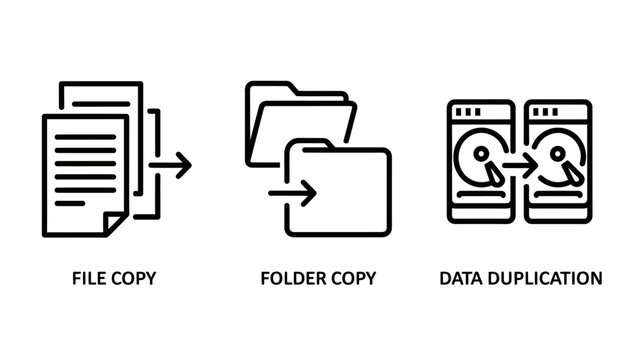 File management data duplication and folder transfer icon set with duplication transfer management document computing organization business pictogram workflow transferring technology