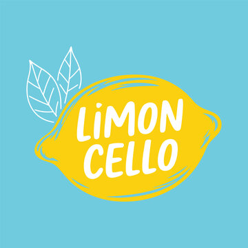 Hand drawn lemon cello logo with leaves on blue background