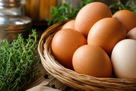 Top view of brown and white eggs in a wicker basket on a rustic wooden table with herbs and kitchen cloth, natural light, organic food concept.