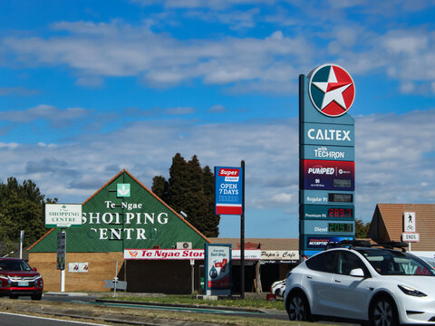 Rotorua, New Zealand - Mar 9, 2026: The Te Ngae Shopping Centre next to a Caltex gas station along a main route. Editorial Use Only.