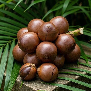 Fresh macadamia nuts in their shells resting on tropical palm leaves. babassu