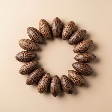 Top view of delicious chocolate pralines arranged in a circle on a soft pastel background. babassu
