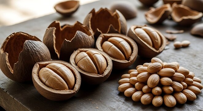 Fresh brown pecan nuts with cracked shells on a dark rustic stone table. babassu
