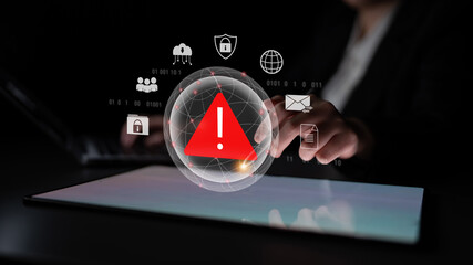 Naklejka premium Red warning triangle representing a cybersecurity threat or data breach alert, surrounded by digital security and network protection icons, symbolizing cyber risk awareness Parse