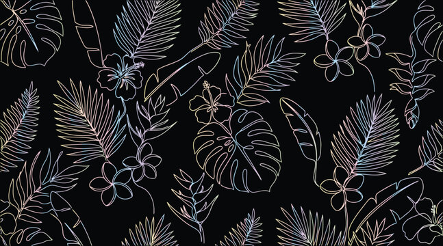 Tropical leaf and flower outline pattern on black background for design and decoration purposes  various palm leaves and hibiscus flowers
