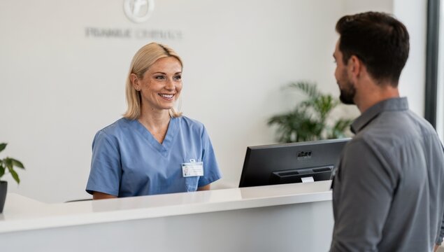 A smiling receptionist in blue scrubs interacts with a patient at a modern medical office reception desk, conveying a sense of professionalism and care.