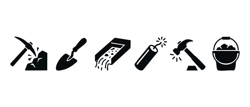Mining Industry Icon Set, Excavation Tools and Equipment Symbols for Resource Extraction, Gold Prospecting and Industrial Geology Vector Illustration, Professional Black Solid Flat Style Graphics Coll