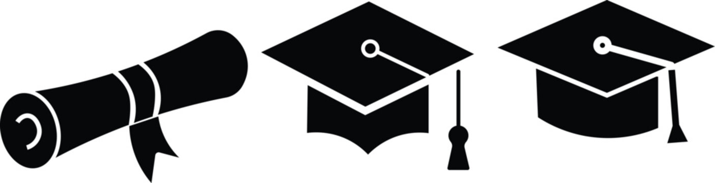 Vector Illustration of Graduation Caps and Rolled Diplomas in Different Styles. Professional Development and Certification

