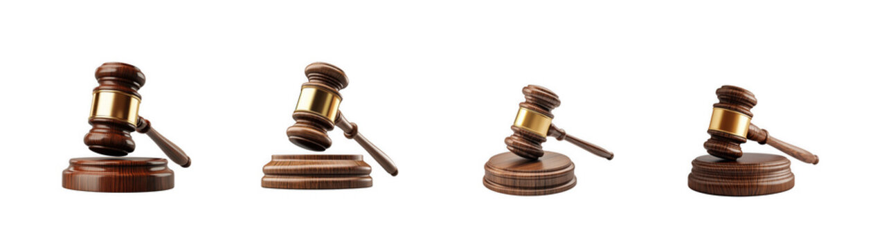 Traditional wooden judge gavels with sound blocks for legal concepts as isolated on transparent background