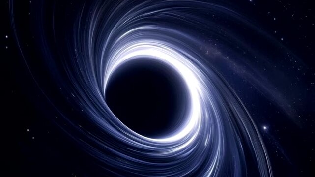 A visualization of a supermassive black hole in the depths of space. A brightly glowing accretion disk with rapidly rotating blue and white streams of energy surrounds a center of absolute darkness.