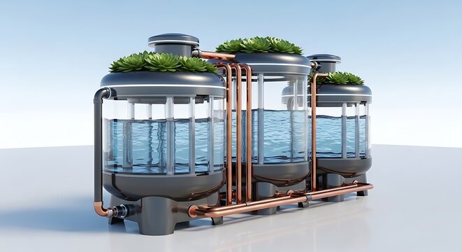 Industrial water filtration system with green plants and copper pipes for eco friendly purification. rain water tank 