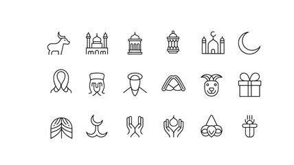 Fototapeta premium Eid ul Adha Line Icon Set Vector with Islamic Outline Symbols and Clean Design