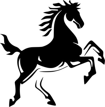 Silhouette of rearing horse prancing on hind legs isolated on white background