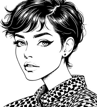 Black and white fashion illustration of a young woman with short, wavy hair, drawn with expressive ink lines and fine detail