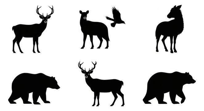 Collection of Animal Silhouettes Deer Bear Bird.