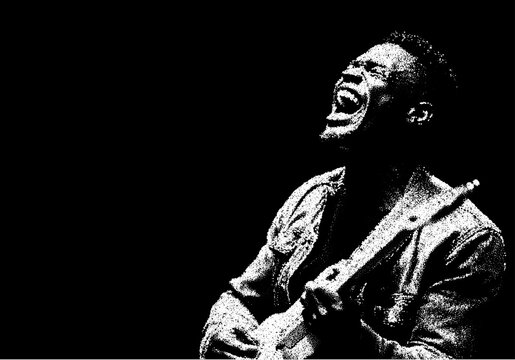 Dramatic dotwork portrait of an expressive jazz singer against black background. Retro blues poster template with guitar player