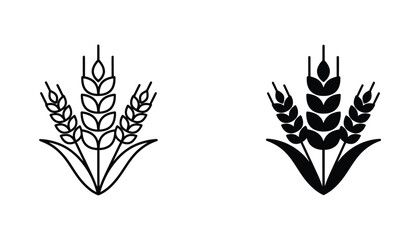 Wheat stalk bundle icon set with outline and solid black vector design for agriculture and healthy food branding isolated on white background © tarustock