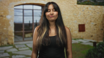 Fototapeta premium Young latina brunette woman standing at building entrance wearing a black tank top, lip ring visible, arms relaxed at sides; amusement.