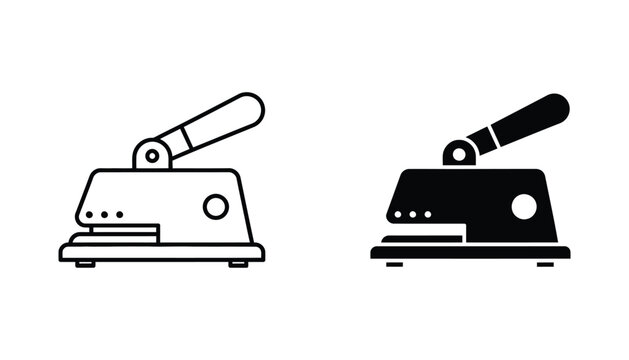 Stapler and hole punch icon set with outline and solid black versions demonstrating office supplies for document preparation isolated on white